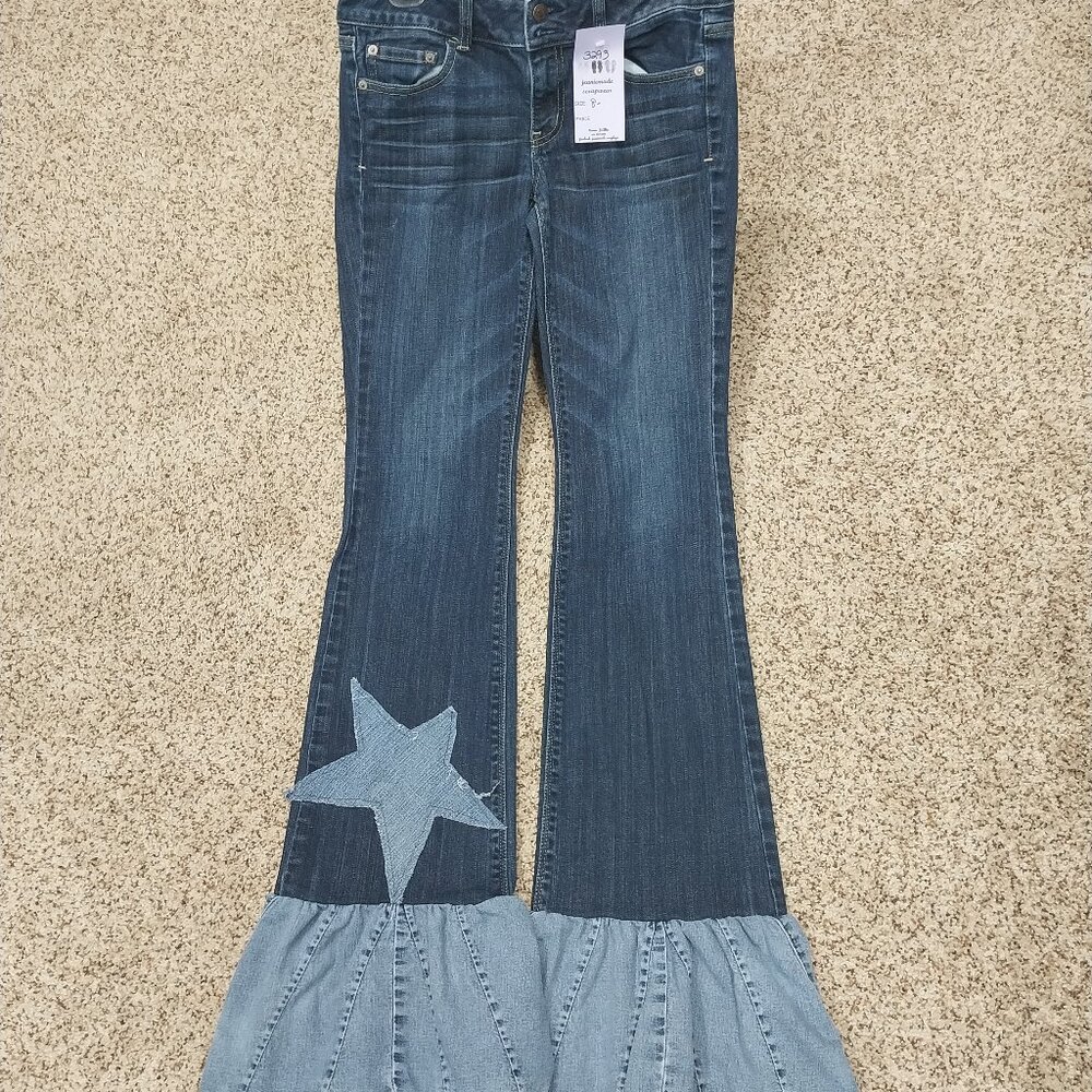 3293 Size 8 Long American Eagle Upcycled Ruffle Leg Jeans